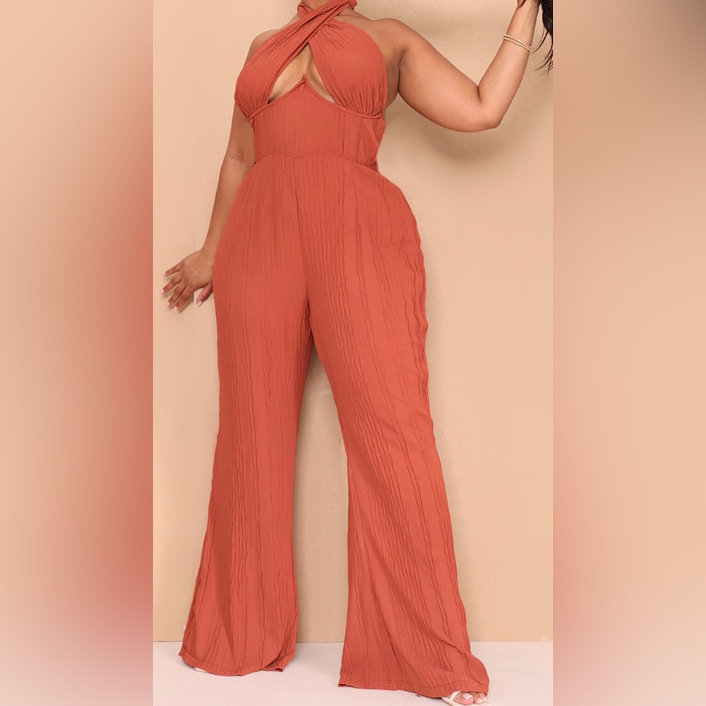 Rust Plisse Cross Front Jumpsuit